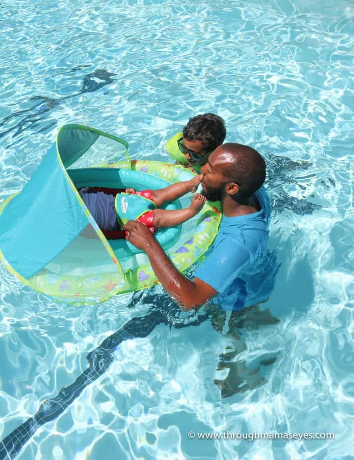 Swim Safely with Swimways Infant Baby Spring Float How to Relax at the Pool or Jacuzzi with your baby Swim Safely with 3 kids Swimming Safety Summer Floats www.throughmamaseyes.com