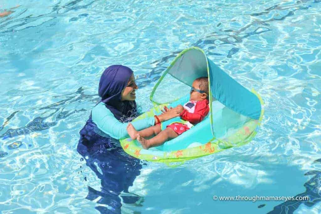 Swim Safely with Swimways Infant Baby Spring Float How to Relax at the Pool or Jacuzzi with your baby Swim Safely with 3 kids Swimming Safety Summer Floats www.throughmamaseyes.com
