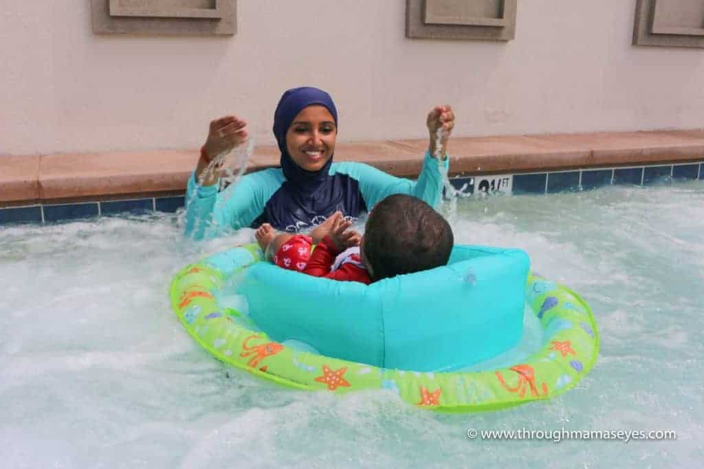 Swim Safely with Swimways Infant Baby Spring Float How to Relax at the Pool or Jacuzzi with your baby Swim Safely with 3 kids Swimming Safety Summer Floats www.throughmamaseyes.com